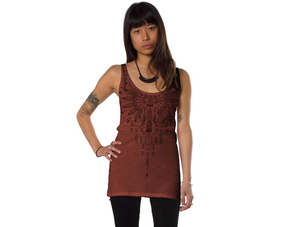 Women open back tank top in red with a psychedelic print 